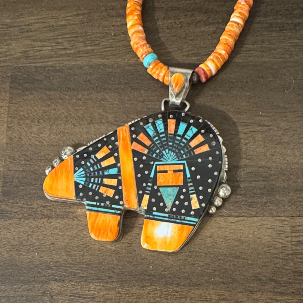 Native Signed Ray Jack Bear Pendant Necklace - image 1
